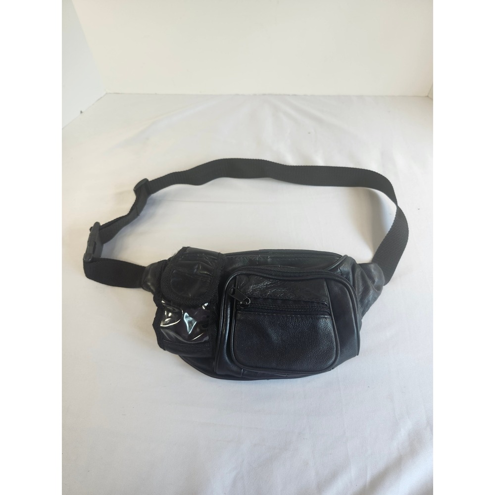 Black Faux Leather Fanny Pack Multi Pocket Waist Bag Travel Belt Pouch